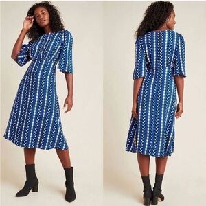 Anthropologie The Odells Marjorie Blue Geometric Midi Dress Puff Sleeve‎ XS NWT